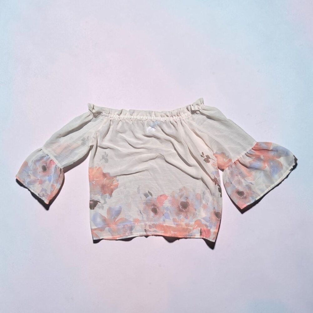 Indigo Rose Floral Off-the-Shoulder Bell Sleeve Top Size L - Watercolor Print